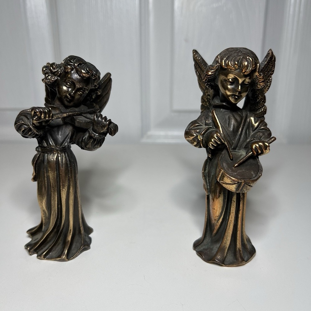 Set of 2 Vintage Athener Bazaar Gold Resin Angels 4.5" Violin And Drum